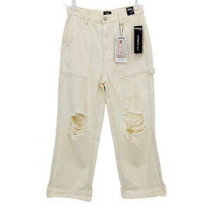 NWT Simply Society Women Crop Carpenter Pant 9/29 Distressed High Rise Roll Cuff